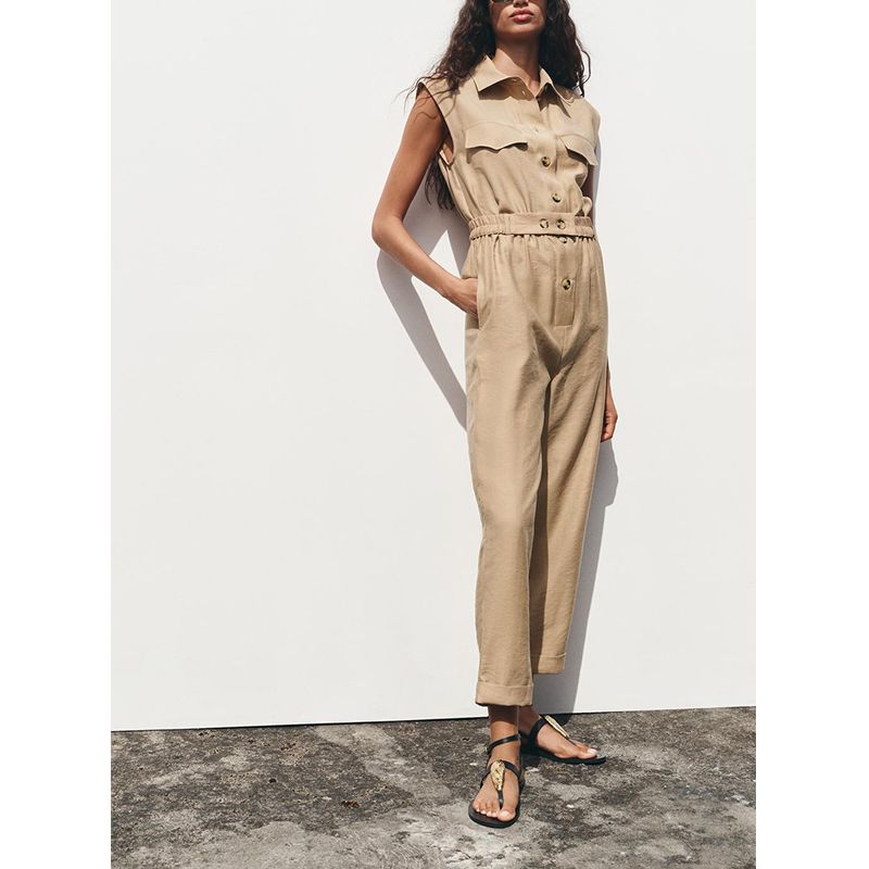 Spring and Summer New Women's Clothing European and American Leisure with Belt Fashion Sleeveless Lapel Jumpsuit 3897091