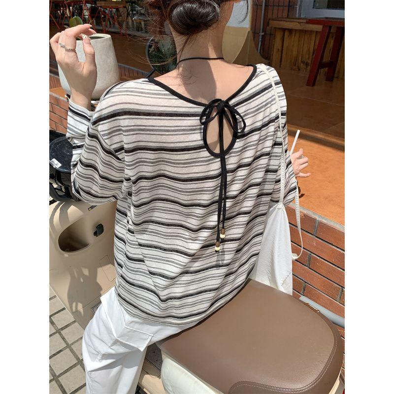 Kumikumi Retro Back Hollow Lace-up Long sleeves Shirt Women clothes Autumn Casual Loose Stripe Inner wear Top