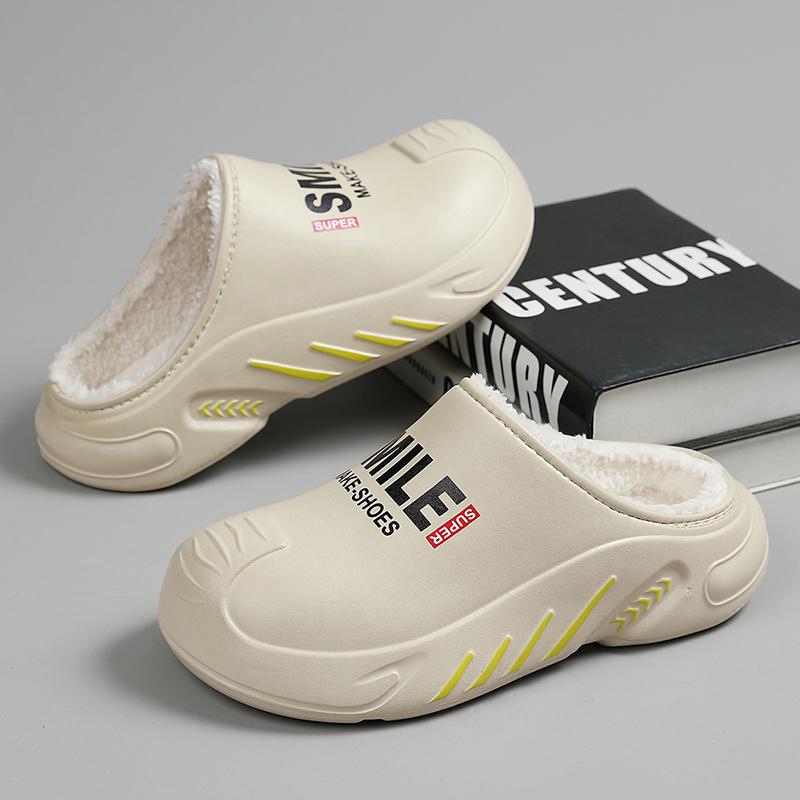 Herrenschuhe Winter Warme Schuhe Plüschfutter Indoor Baumwollpantoffeln Schlichte Plateau Außenküchenschuhe Haus Wasserdichte Pantoffeln