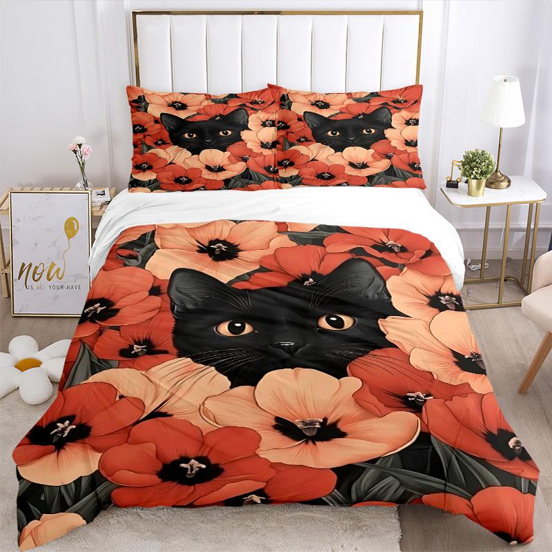 3pcs Black Cat Print Duvet Cover Set - Machine Washable, Includes 1 Cover and 2 Pillowcases, No Core Included Yy251013081