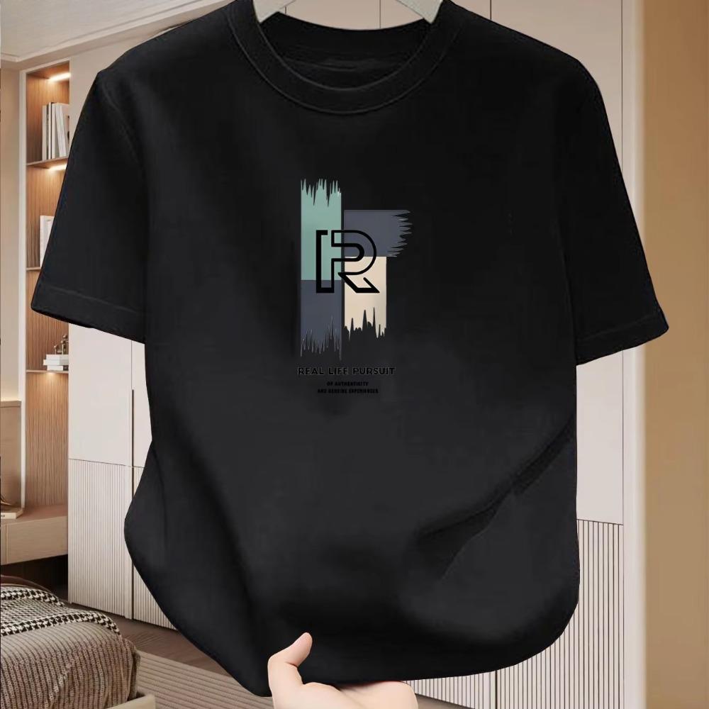 Unisexs Cotton Casual Loose Modern Abstract Letter And At Time Pattern Printed Round Neck Short Sleeved Tshirt