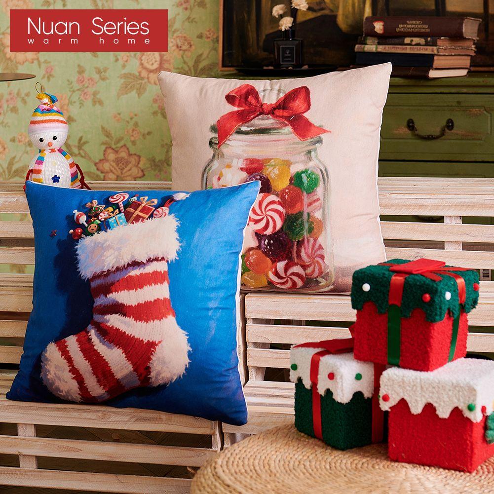 1PC Nuan Series Christmas Pillowcase Polyester Printed Comfortable Pillowcase Cushion Cover for Sofa Living Room Bedroom Home Decor Party Decor