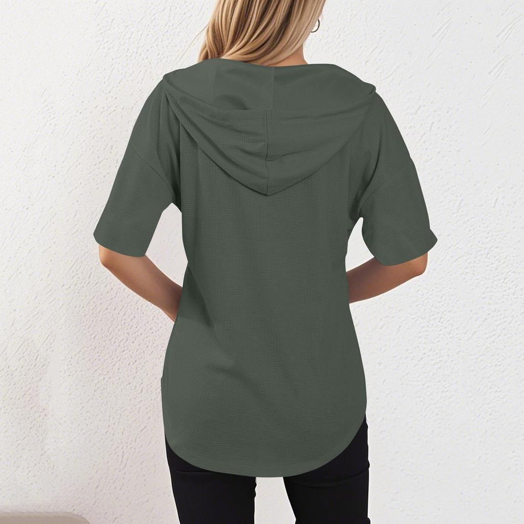 Women's Fashion Summer V-Neck T Shirt Drawstring Hooded Solid Color Short Sleeve Top
