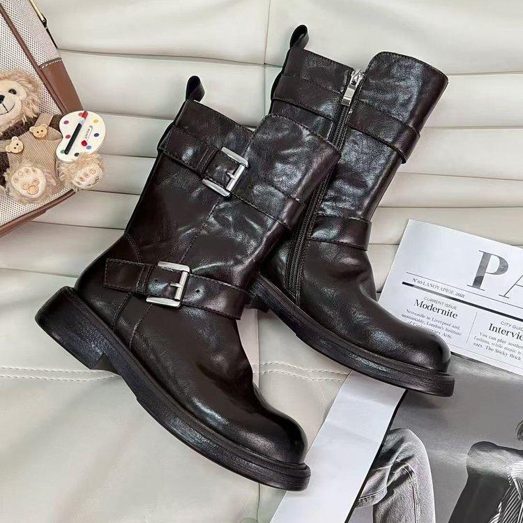 2025 autumn new European version Martin boots retro and old pleated short boots locomotive boots medium tube double buckle flat boots