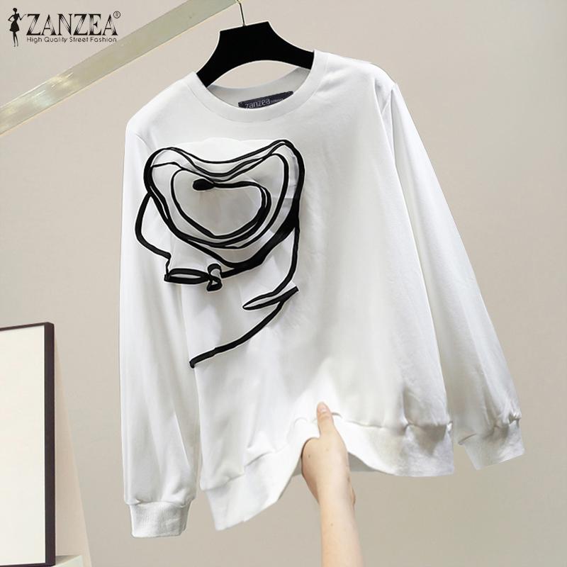 

ZANZEA Женские осенние футболки с круглым вырезом и длинным рукавом с объемным цветочным узором S чёрный