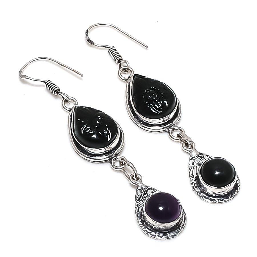Natural Black Onyx, Amethyst 925 Sterling Silver Jewelry Earring 2.56" Z6F68