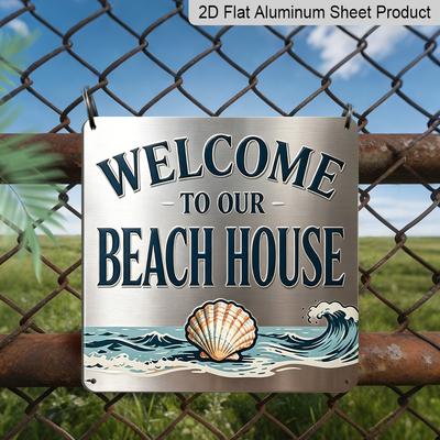 2D Flat, 1pc Vintage Coastal Metal Aluminum Plaque - Welcome To Our Beach House with Turquoise & Golden Nautical Design, Seashell & Wave Patterns