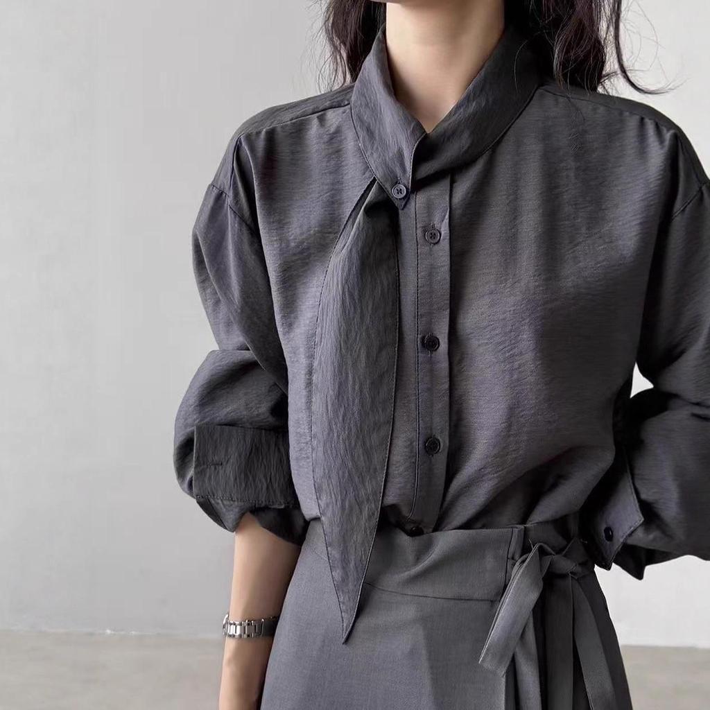 Korean-Style Scarf Collar Women's Long Sleeve Shirt - Spring/Autumn Loose-Fit French Top