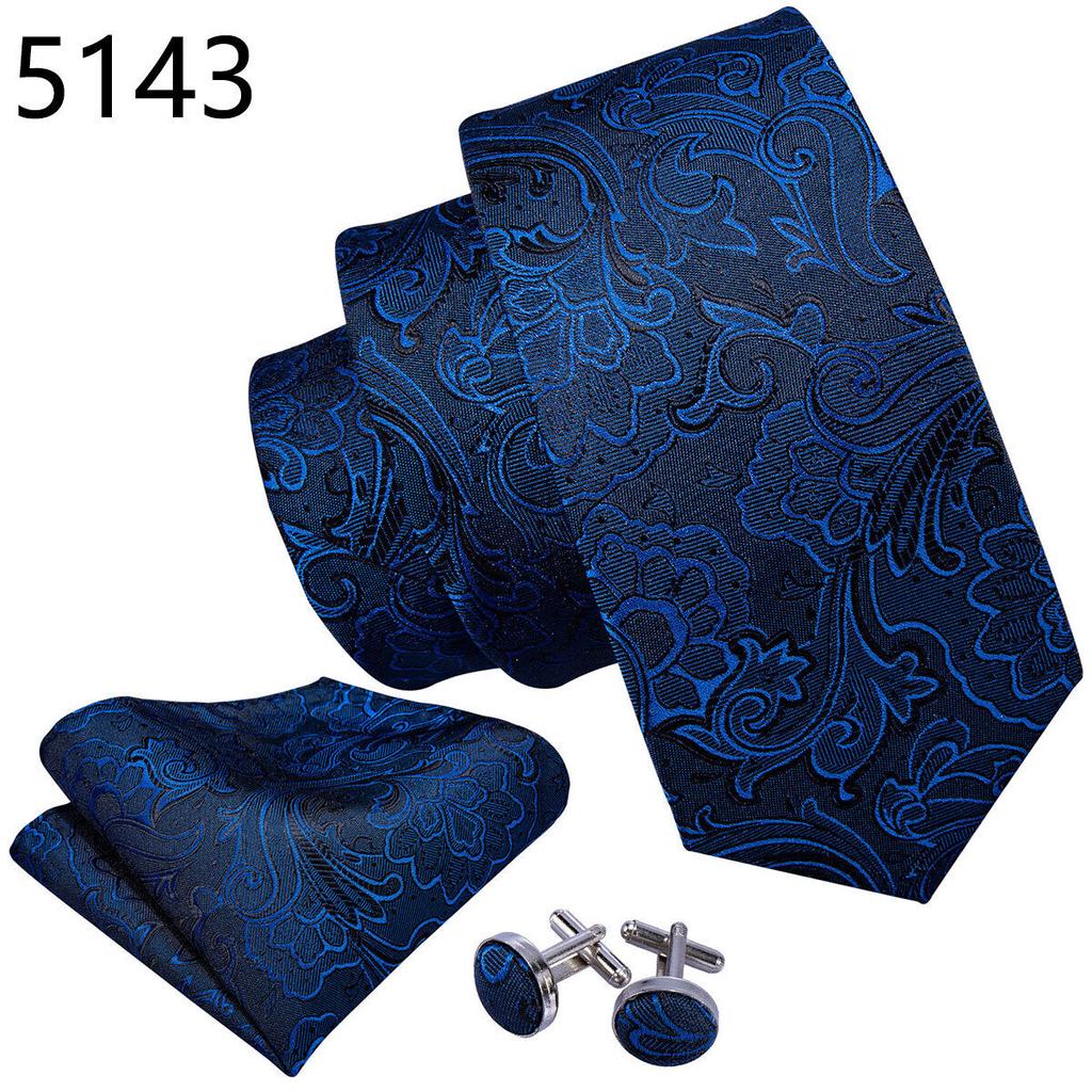 Barry.Wang Krawatten-Taschentuch-Manschettenknöpfe-Set, exquisites, saphirblaues Muster, Jacquard-Gewebt, Hochzeit