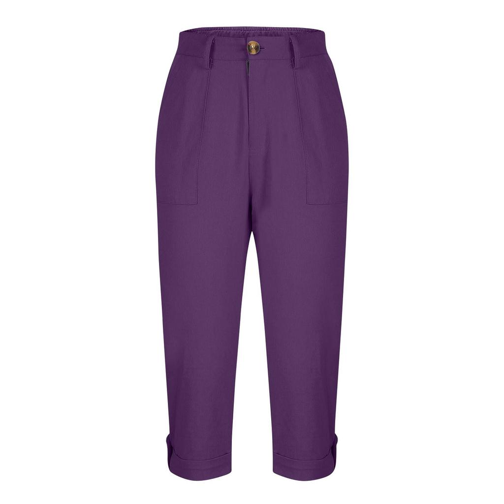 Women Casual Capri Pants High Waisted Rolled Cuff Ankle Pants Solid Color Pocket Detail Loose Fit Trousers