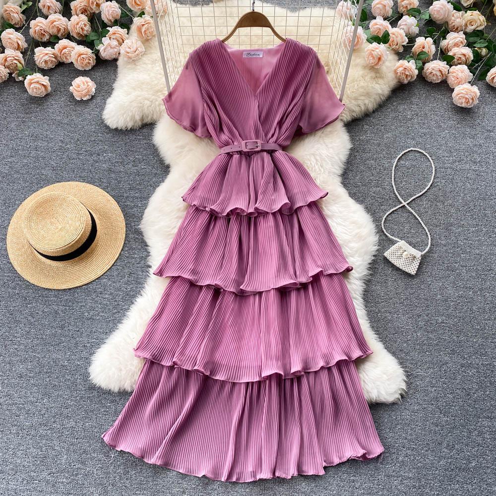 Sommer Kvinner Feriebelte Løs Lang Kjole Elegant Kortermet Ruffles Strand Maxi Kjoler
