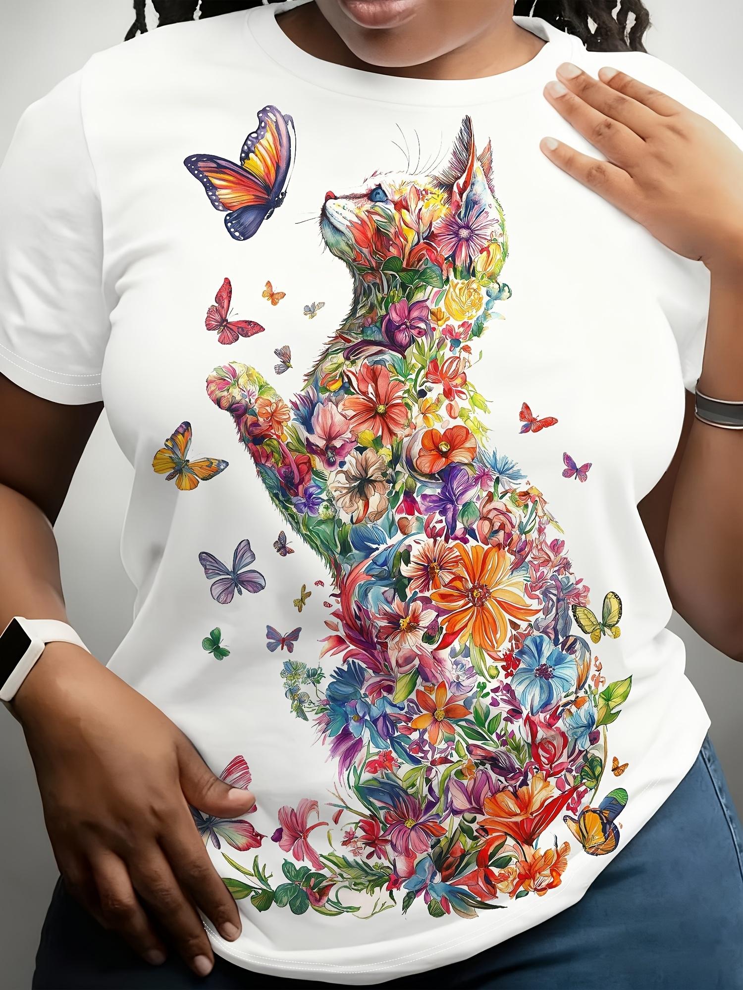 

Short-Sleeve T-Shirt Featuring a Floral And Butterfly Design. a Bright And Calming Loose-Fit Round-Neck Top. Women S Apparel. Plus-Size Women S Items. 2XL дубильная кора