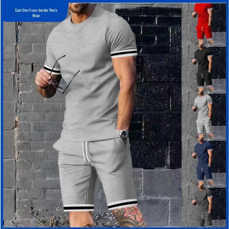 

European & American Men s Summer Short-Sleeve T-Shirt & Shorts Set - Casual Round Neck Sportswear XL чорний