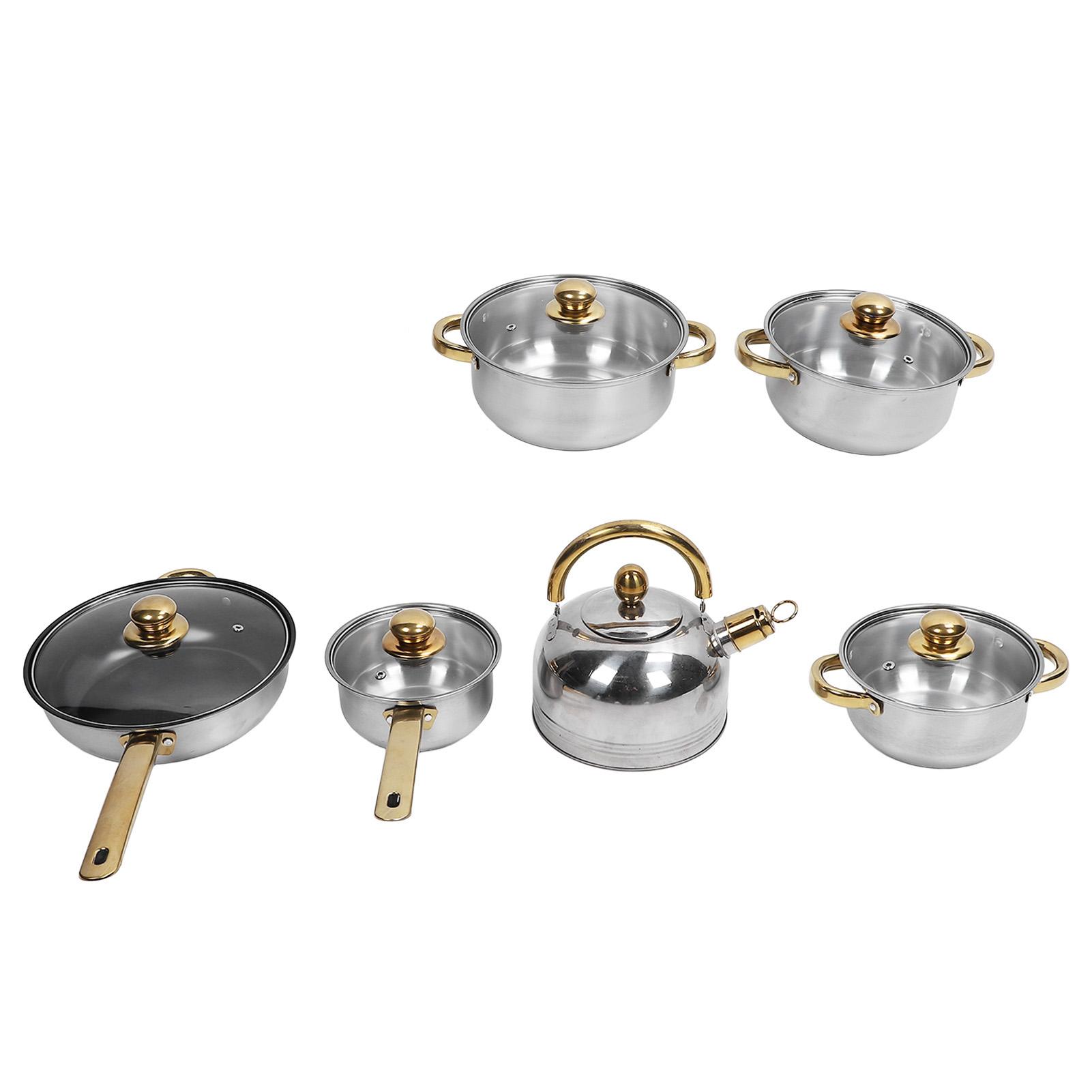 

Набор посуды из нержавеющей стали, нержавеющая сталь, безопасная кастрюля, набор кастрюль для домашней кухни, ресторана Gold Handle with Kettle