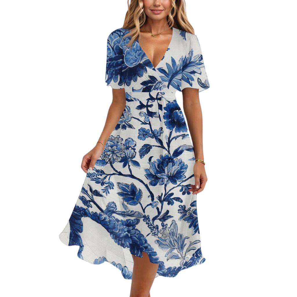 Women's Casual V Neck Short Sleeve Floral Print Midi Dress Wrap Style Lightweight Summer Dress with Tie Waist