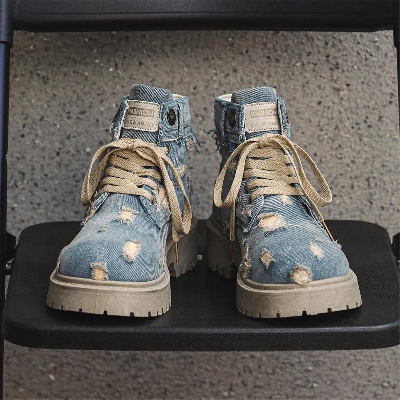 Fashion New 2024 Denim Lace-Up Men Boots Walking Travel Boots Japanese Style Flats Platform Ankle Boots Men Shoes Casual Dress