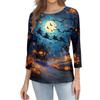 Women's Halloween Print Shirt Three Quarter Sleeve Round Neck Loose Casual Blouse T Shirt Suitable for Seasonal Wear and Everyday Use