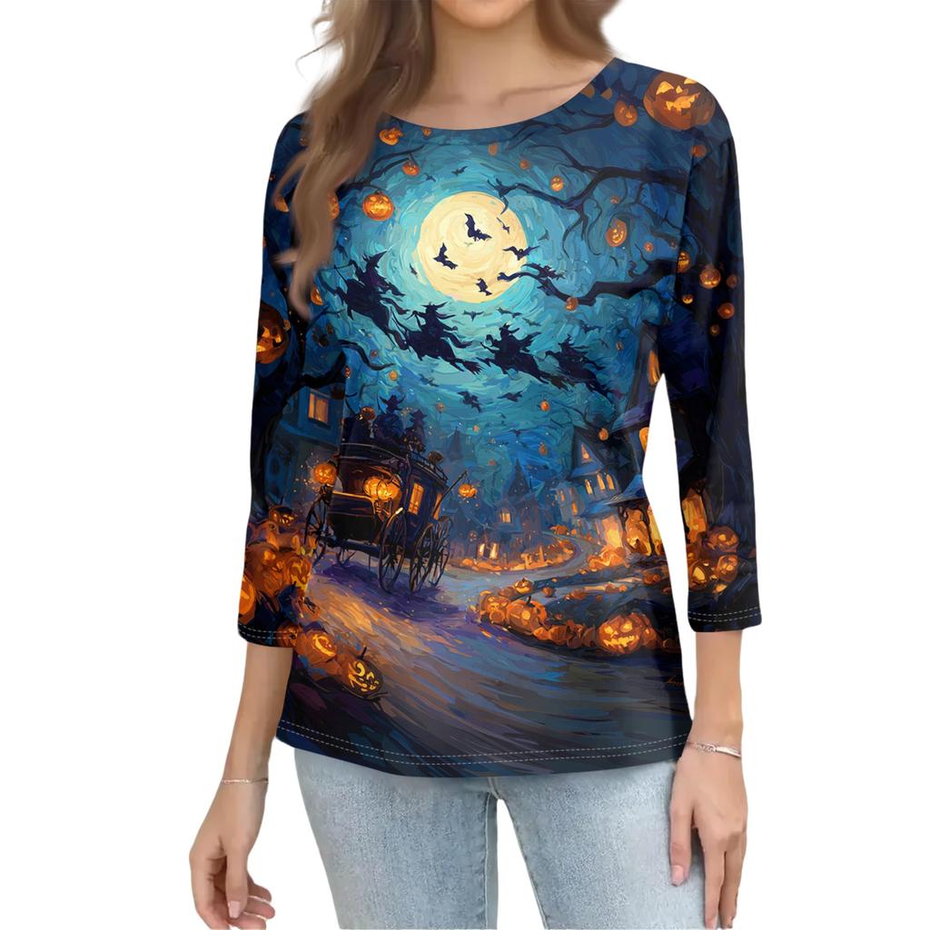 Women's Halloween Print Shirt Three Quarter Sleeve Round Neck Loose Casual Blouse T Shirt Suitable for Seasonal Wear and Everyday Use