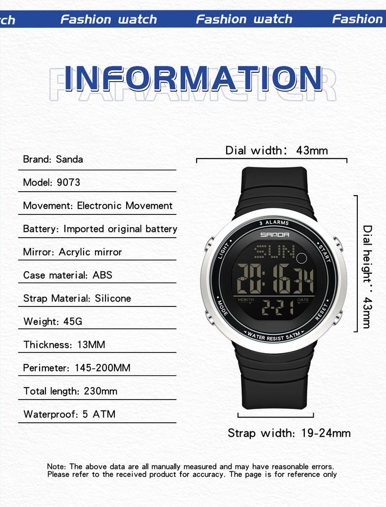 SANDA New Fashion Student Electronic Watch Large Dial Waterproof LED Student Digital Electronic Watch 9073