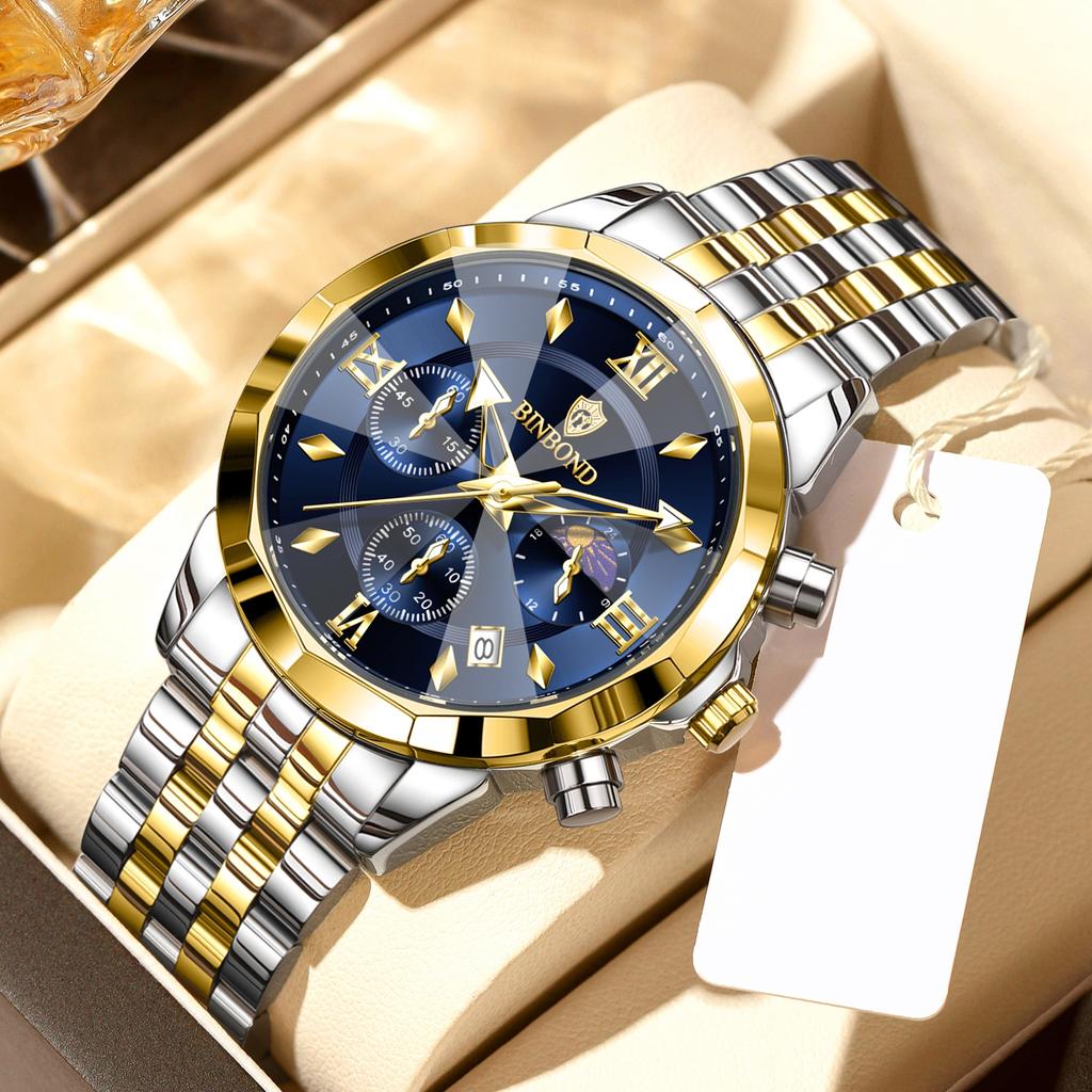 BINBOND Luxury Men's Watches Date Chronograph Stainless Steel Quartz Watch Waterproof Luminous Fashion Man Wristwatch