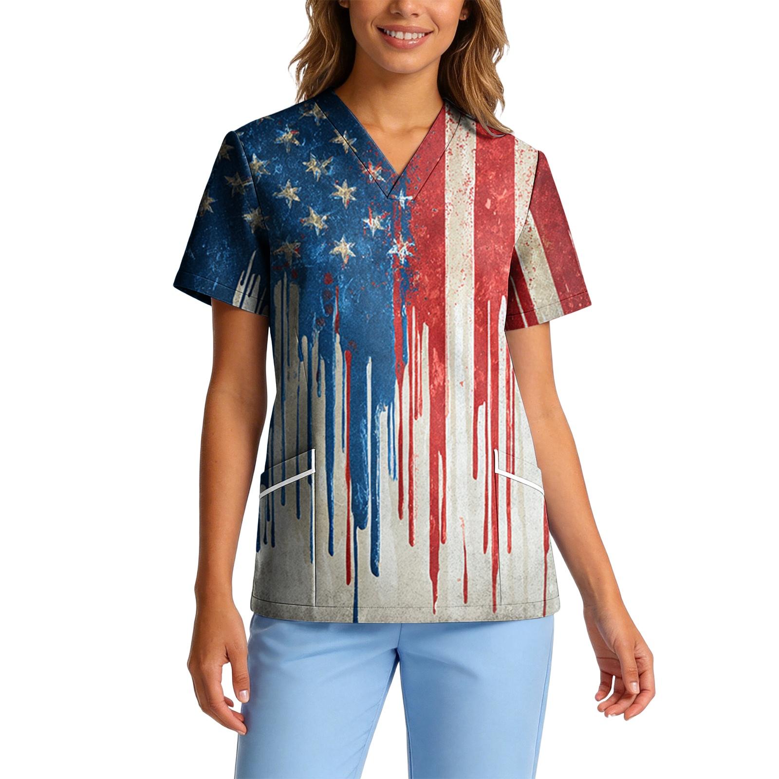 

Women s Stretch Quick Dry V Neck Pocket Short Sleeve Medical Scrub Top Independence Day Print Nurse Workwear Uniform Shirt XXL Темно-синій