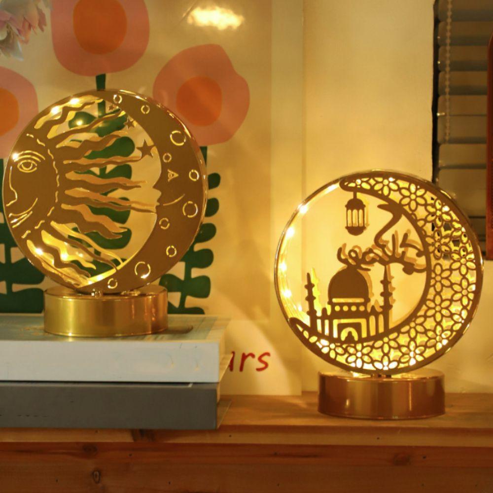 Gold Moon Castle LED Light Wrought Iron Ramadan Desk Ornament Ramadan Night Light  Bedroom