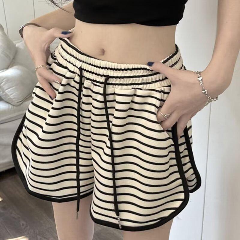 Striped High-waisted Sweatpants for Women Shorts Loose Wide-legs In Summer Casual Slim and Elastic Waist Contrast