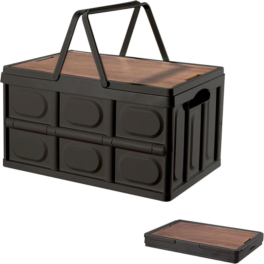 SONGSONG 35L Foldable Camping Storage Box with Wooden Easy Large Suitable for Car Foldable Lid, Handles, Assembly, Heavy-Duty Capacity, Capacity,