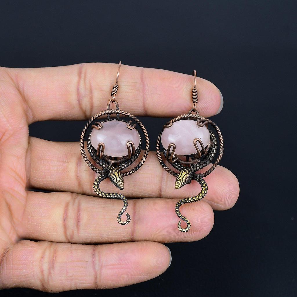 Rose Quartz 999 Copper Wire Wrapped Earrings, Handmade Gemstone Earrings Jewelry, Gifts For Wife Brand New Earrings