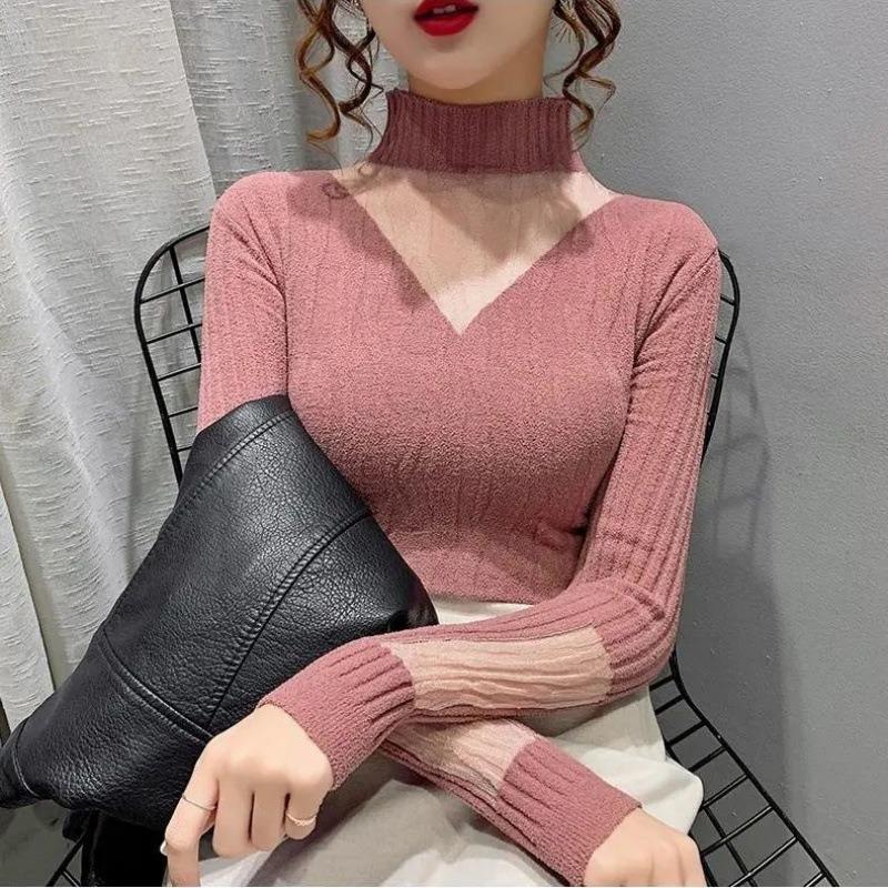 Autumn Half Turtleneck Sweater Women's Long-sleeved Mesh Splicing Bottoming Shirt Pullover Top