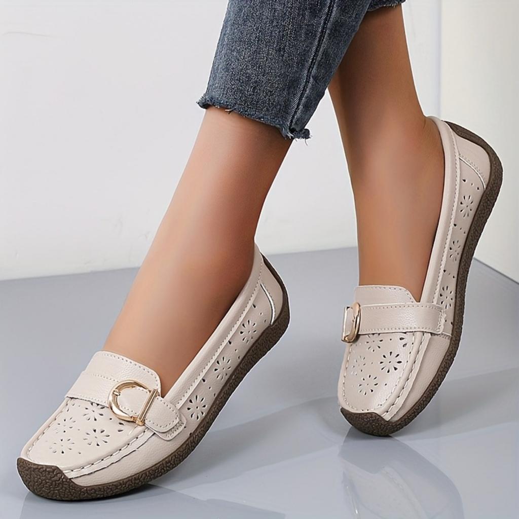 Ladies' Breathable White One Foot Loafers - Gold Buckle, Lightweight Casual Summer Shoes, Comfortable Daily Wear, Fashionable and Durable