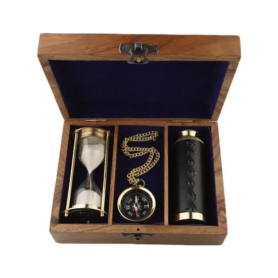 Nautical Gift Set Compass Sand Timer Hourglass With Wooden Box Marine Set