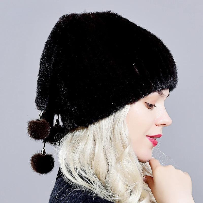 Real Mink Fur Hats Women's Winter Natural Geniune Fur Warm Knitted Hats with 3 Balls Handsewn Fashionable Skullies Beanies Hat
