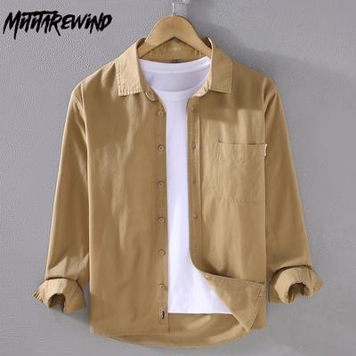 Japanese Style Casual Men Shirts Spring Fall Men Tops Daily Solid Color Shirt Turn-down Collar Pure Cotton Button Shirt