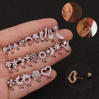 1Pc Creative Flower Plume Heart Cubic Zirconia Ear Studs Shiny Stainless Steel Cartilage Earring Helix Piercing Jewelry