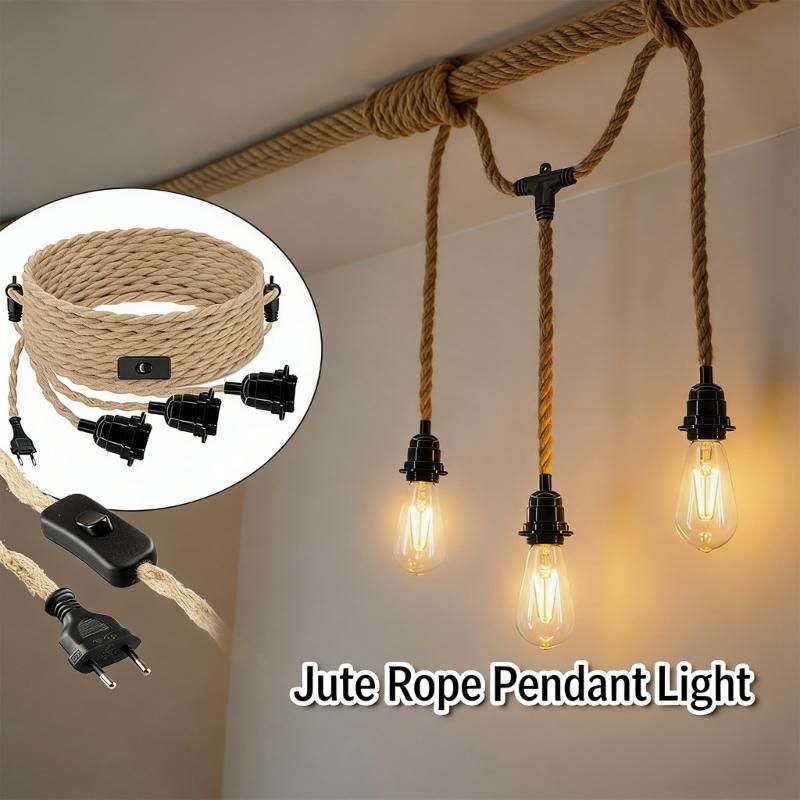 Twisted Rope Pendant Lights Cord E27 Lamp Base Industrial Pendant Lamp Light Cord for Farmhouse Restaurant Home