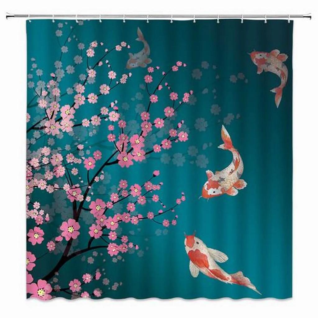 Charming Oriental Blossom Shower Curtain Set - Vibrant Cherry Blossom Designs for Elegant Bathroom Décor, Waterproof & Easy Care