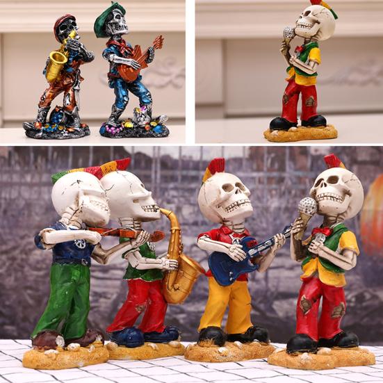 Rock Skeleton Figurine Skeleton Band Saxophonist Decoration Skeleton Guitarist Singer Statue Halloween Desktop Ornament for Mantel Shelf