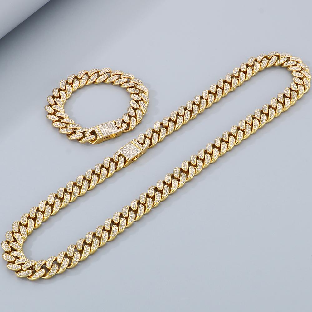 Hip-Hop Heavy Cuban Link Chain Set Man Bracelet Necklace Luxury Gold Color Stainless Steel & Full CZ Men's Necklace & Bracelets Sets