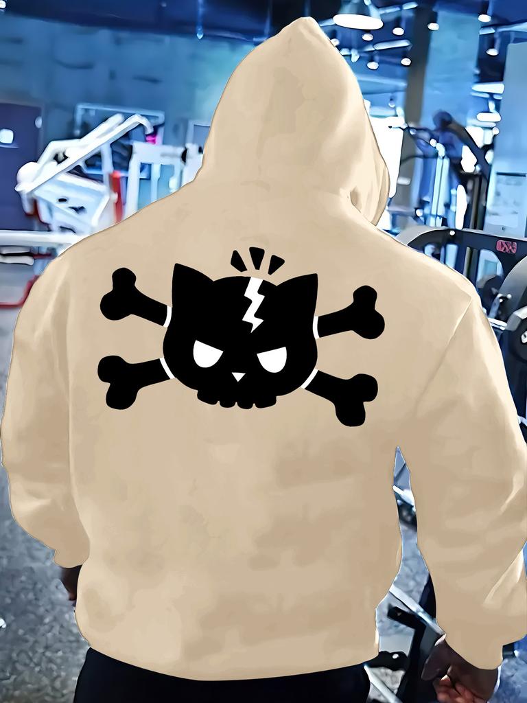 Ripped Cat Crossbones Back Print Long Sleeve Hoodie, Hooded Sweatshirt with Front Pocket, Casual Print Clothing (Machine Washable)