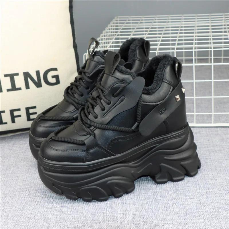 Fashion Winter High Top Leather Women Boots Platform Wedge Sneakers Chunky Shoes Hidden Heel 12CM White Black Women Casual Shoes
