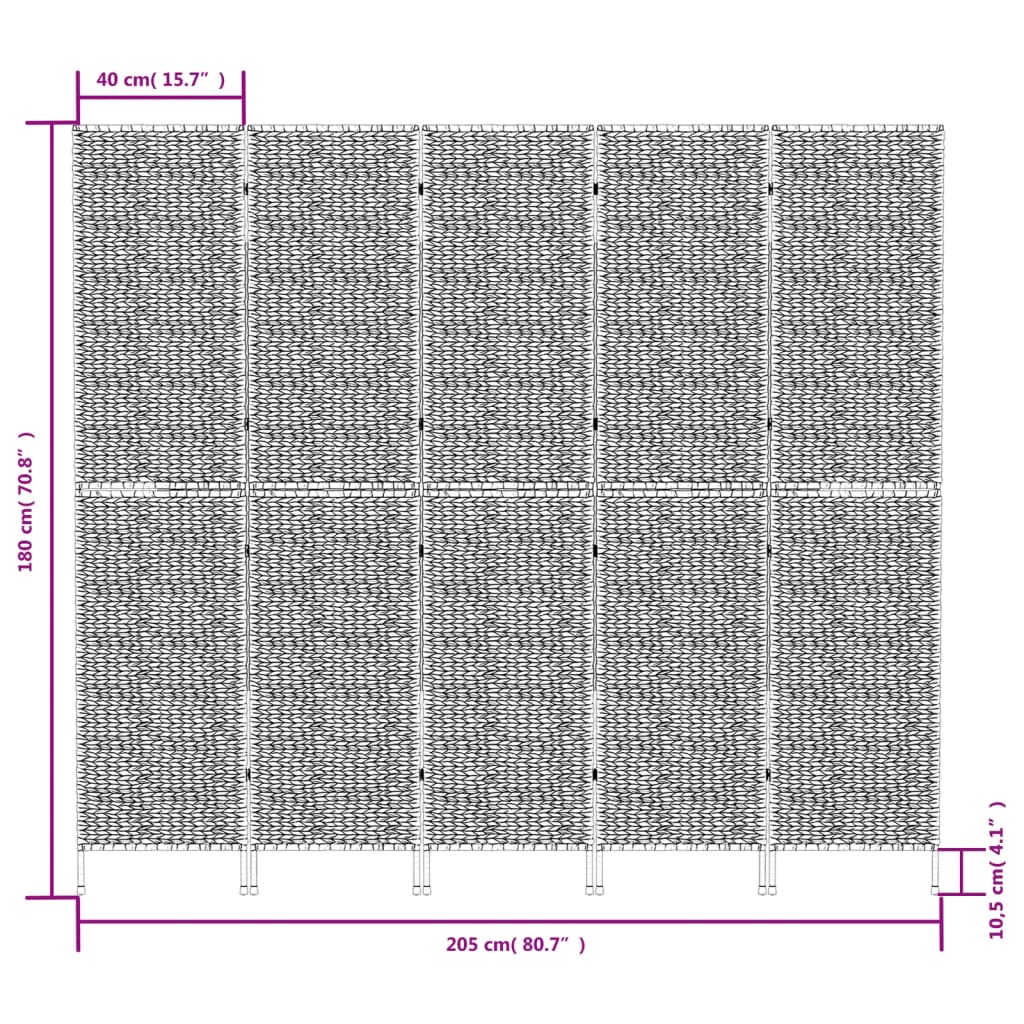 5 Panel Room Divider In Brown 205 X 180 Cm Wicker (Water Hyacinth)
