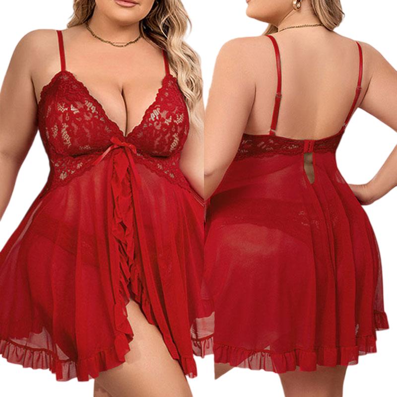 Oversized Transparent Sexy Wine Red 2 Piece Lingerie Set Hot Babydoll Nightgown With Thong Beautiful Pajamas For Women Nightwear Sleepwear