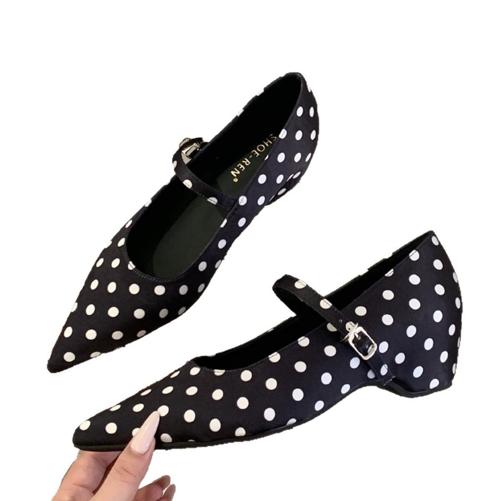 Spring French Polka Dot Pointed Head Word With High Heels Single Shoes Shallow Mouth Mary Jane Shoes Temperament Women'S Shoes