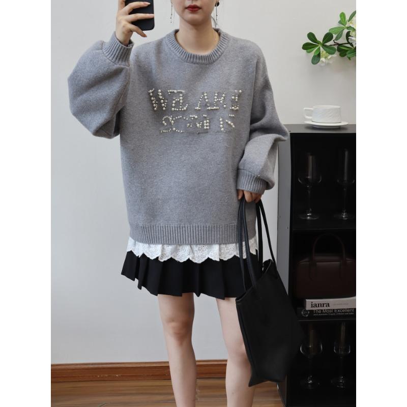 Bead Letter Splicing Fake Two-piece Knitted Sweater Top Autumn and Winter New Loose Casual Sweater Pullover Women