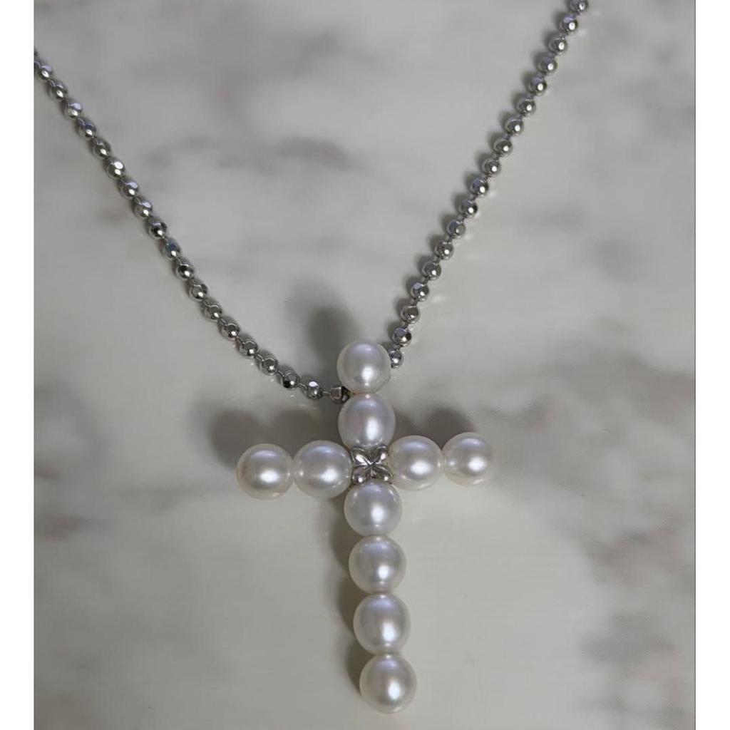 Used TASAKI Silver Pearl Cross Necklace 925