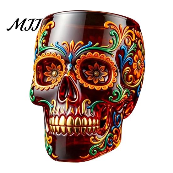 Niche Atmosphere Bar Decor Day of The Dead Wine Glass, with 3D Relief Painting, Hand-Painted Decorative Glass for Home Gothic Skull Whiskey
