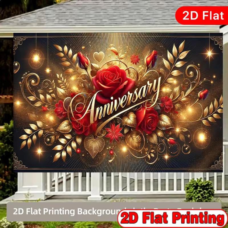 2D Red Rose Anniversary Photography Background, Black Gold Glitter Floral Wedding Decor Banner
