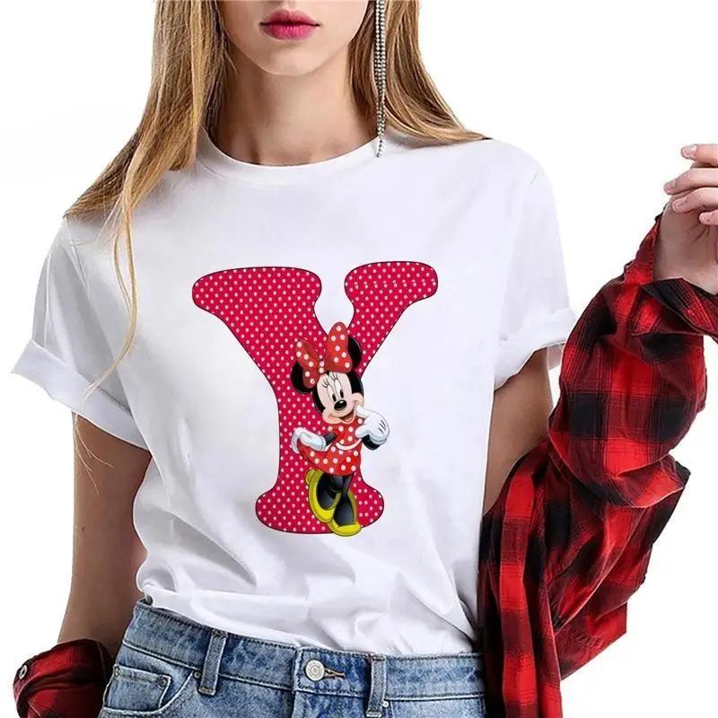 Kawaii Ladies Tees Disney Cartoon Mickey Mouse Letter Minnie T-shirt White Short-sleeved Women 90S Tops Summer Loose Blouse
