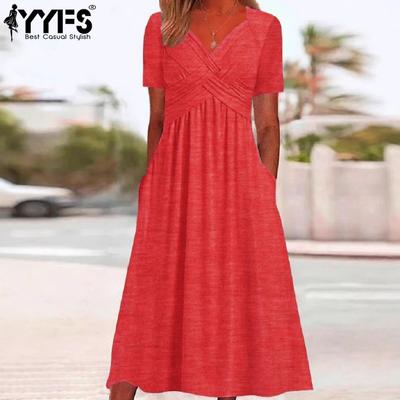 Women's Fashion Summer Spring Solid Color Print Short Sleeve V-Neck Middle Waistline Casual Dresses
